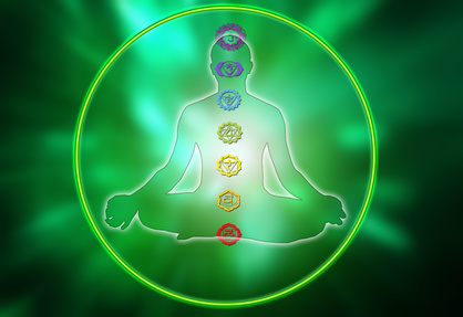 male silhouette figure in yoga position inside a circle with the chakras symbols